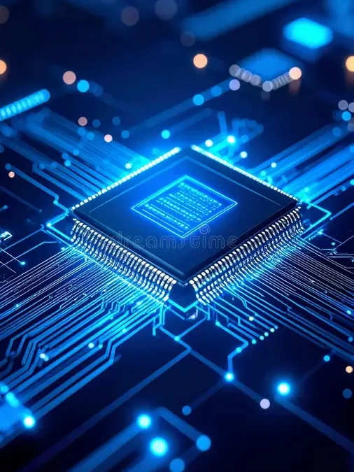 glowing blue microchip intricate circuit board representing advanced technology digital data flow 415227892
